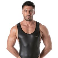 Combinaison en cuir pour homme, taille mi-haute, noire unie, style fetish, tenue de club sexy