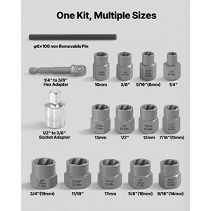 Kit Rimozione Bulloni e Viti 16 Pezzi, Set Estrattore Dadi a Impatto con Adattatori, Punzoni e Custodia Robusta - Acciaio Cr-Mo - Product Image 2