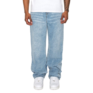 Jean en denim délavé personnalisé, coupe ample et décontractée, 100% coton, bleu délavé, pantalon surdimensionné pour homme - Product Image 5