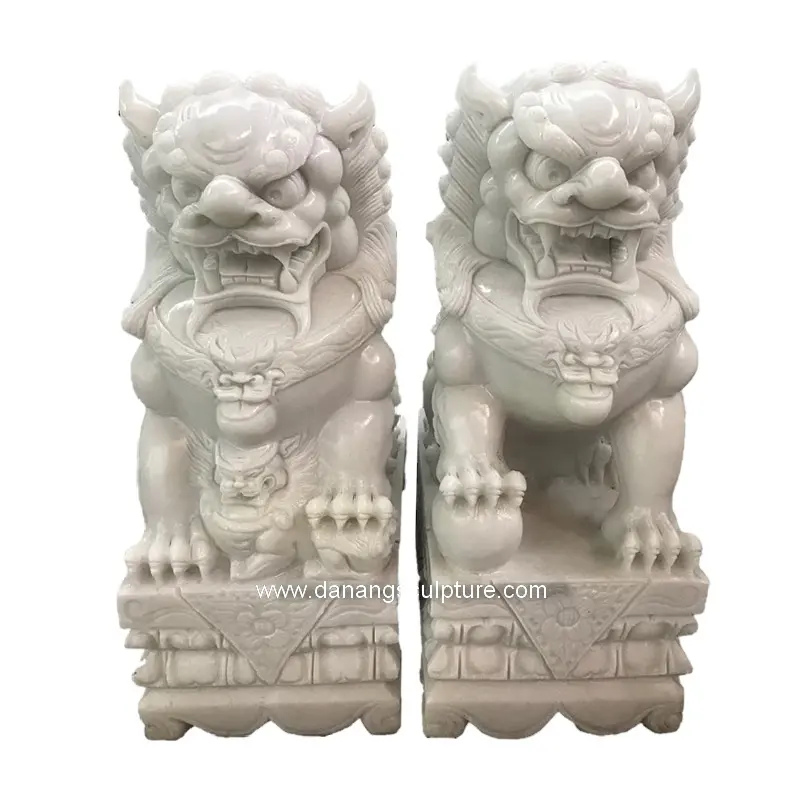 Statue de jardin en marbre blanc sculpté à la main, statue en pierre du chien Fu, Statue de lion gardien du chien
