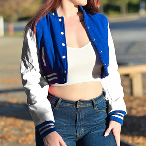 Chaqueta Corta Estilo Universitaria para Mujer, Color Azul Rey con Letras Blancas, Chaqueta Bomber con Mangas de Cuero Sintético, Ropa Exterior Informal, Moda Femenina - Product Image 3