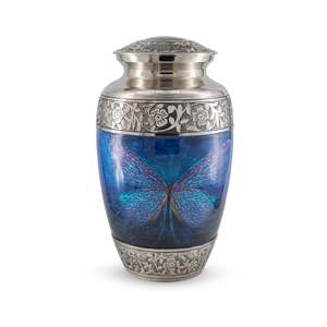 Urna de Cremación Azul Plateada con Diseño de Mariposa Grabado, Urnas Metálicas para Funerales, Urna de Cremación Hecha a Mano, Último Modelo, Mejor Precio - Product Image 1