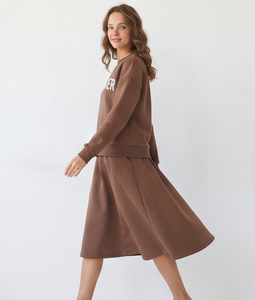 Women Long Sleeve Creww Neck Sweatshirt <b>Skirts</b> SeT 100% Cotton Mid <b>Elastic</b> <b>Waist</b> Breathable Baggy Sweatshirt Fleece <b>Skirts</b> Set - Product Image 2