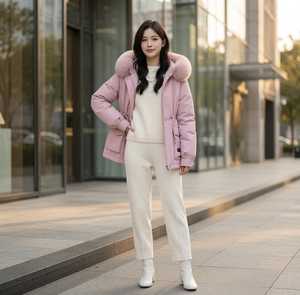 Women's Pink <b>Quilted</b> Jacket With Fur Hood Full Sleeve Zipper Closure Windproof Winter Coat Thick Polyester Wadding - Product Image 5