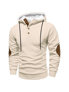 Sweat-shirt à capuche beige pour homme, col boutonné, tricoté, coupe classique, décontracté, pour l'hiver, 100% coton, brodé - Product Image 1