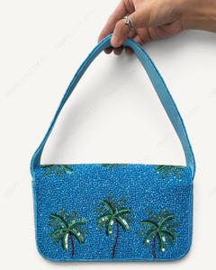 Bolso de Hombro Artesanal con Cuentas de Palmera, Diseño Tropical de Atardecer en la Playa, Azul y Naranja, Bolso de Mano para Resort, Venta al por Mayor, OEM, Marca Privada - Product Image 6