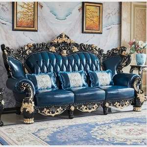 Juego de Sofá Cama de Lujo Plaza, Azul Real con Detalles Dorados, Madera de Caoba Tallada, Relleno de Esponja, Muebles Clásicos Franceses para Sala de Estar - Product Image 3