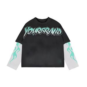 เสื้อยืดแขนยาวผู้ชายแบบสองชั้นทรงโอเวอร์ไซส์ สไตล์สตรีทแวร์ ลายกราฟิกตัวอักษรแบบดิสเทรส ผ้าวอร์สเตด ฮิปฮอป ผ้าฝ้าย 100% - Product Image 1