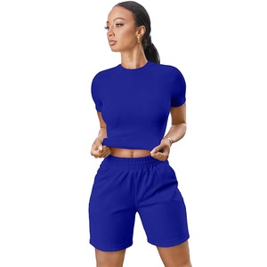 Wholesale Plus Size High Waisted <b>Elastic</b> <b>Belt</b> Biker Shorts Woman Custom Transfer Printing Logo O Neck Short Sleeve Crop Tops - Product Image 1