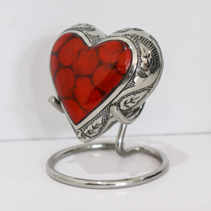 Brass <b>Heart</b> Shape Red Stone Cremation Urn Keepsake Silver <b>Frame</b> Hand Engraved Decorative Keepsake Stand Included - Product Image 2