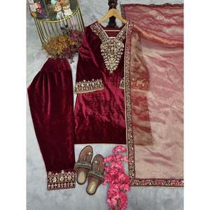 Designer Women's Set Heavy Pure <b>Viscose</b> Velvet <b>Top</b> Bottom & Dupatta for Party Wear - Product Image 1