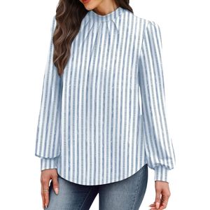 Camisa de Vestir para Mujer a Rayas Azul Cielo Claro Personalizada, Cuello Alto, Puños Elásticos, Tejido Oxford Fino, Blusas Elegantes para el Trabajo - Product Image 3