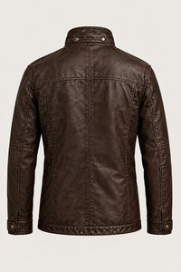 Men's Dark Brown Leather Jacket Stand Collar Zipper <b>Snap</b> Button Flap Pocket Moto Biker Coat - Product Image 2