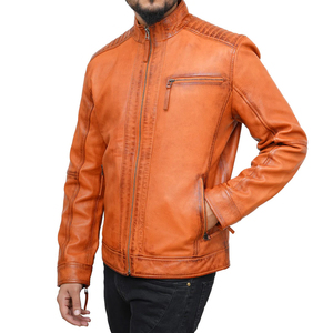 Men's Brown Genuine Leather Waterproof Breathable Eco-Friendly Quick Dry Moto <b>Jacket</b> Stand Collar Zipper Closure <b>Slim</b> <b>Fit</b> - Product Image 4
