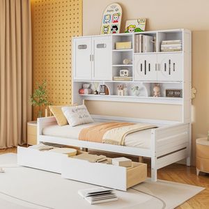 <b>White</b> Twin-Size Wooden <b>Daybed</b> with 2 Drawers All-in-One Cabinet and Shelf - Product Image 1