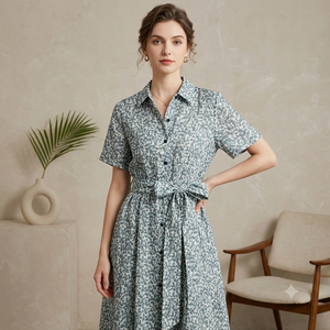 Vestido de Lujo para Mujer, Estilo Verano 2026, Estampado Floral Vintage, con Lazos, Manga Corta, Midi, Antiarrugas, Corte en A, Venta al Por Mayor - Product Image 1