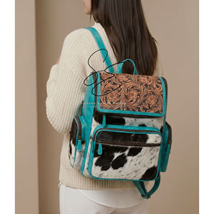 Western Cowhide <b>Leather</b> Diaper <b>Backpack</b> Turquoise Tooled Hair On Hide <b>Large</b> Zipper Mother Bag OEM Custom - Product Image 2