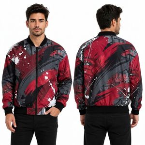 Chaqueta Bomber para Hombre con Salpicaduras de Pintura Roja y Negra, Poliéster Duradero, Tacto Suave, Transpirable, Estilo Urbano, Cierre Completo - Product Image 1