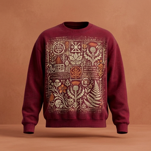 Men's Burgundy Crew Neck Pullover <b>Sweatshirt</b> <b>Vintage</b> Floral Rhinestone Front Print Regular Fit Knitted Cotton Casual Autumn Wear - Product Image 5
