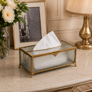 Vintage <b>Antique</b> Glass Tissue Box Holder Decorative Gold Metal <b>Frame</b> Luxury Tissue Case for Living Room Hotel Bathroom Countertop - Product Image 4