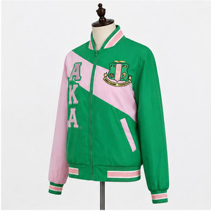Chaqueta Universitaria Verde y Rosa para Mujer Alpha Kapa Alpha, Logotipo Bordado, Manga Larga, Cuello Camisero, Abrigo de Otoño - Product Image 3