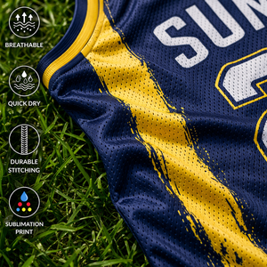 เสื้อบาสเก็ตบอลแบบกำหนดเองสำหรับทีมและลีก แห้งเร็ว ระบายอากาศได้ดี ผ้าโพลีเอสเตอร์ 100% สกรีนชื่อและหมายเลขผู้เล่นแบบซับลิเมชั่น - Product Image 3