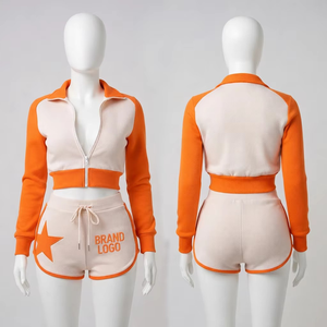 Ensemble deux pièces sur mesure pour femme : veste courte zippée et short assorti, patchwork orange - Product Image 1