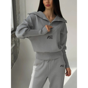OEM Women Ash Knitted Two Piece Set Casual Zip Neck Sweater and Elastic Waist Pants Factory Supplier - Product Image 2