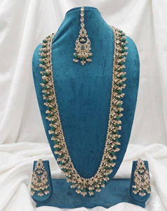 Lucentarts Jewellery Antique Gold Plated Zircon <b>Beaded</b> Long Necklace Earring <b>Set</b> MaangTikka Traditional Indian Wedding Party - Product Image 6