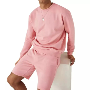 Men's Pink Casual 2-Piece <b>Set</b> Crew Neck Sweatshirt Shorts Solid Color <b>Knitted</b> Cotton Summer Wear - Product Image 3