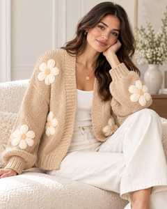 Cárdigan de punto grueso con estampado floral de margaritas para mujer, suéter corto, cárdigan oversize con frente abierto, prendas de punto, regalo, venta al por mayor - Product Image 3
