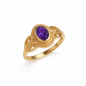 แหวนพลอยอเมทิสต์ธรรมชาติ เงินแท้ 925 ชุบทอง วินเทจ ลายฉลุ ทำมือ รูปไข่ สำหรับผู้หญิง ขายส่ง - Product Image 1