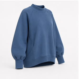 เสื้อสเวตเชิ้ตคอกลมโอเวอร์ไซส์สีน้ำเงินเหล็กสำหรับผู้หญิง แขนทรงบอลลูน ชายเสื้อสูงต่ำ รุ่น WSS-0050 - Product Image 4