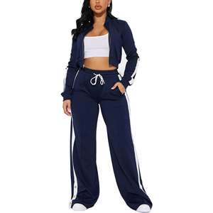 Ensemble de survêtement d'hiver pour femme, bleu marine imprimé, veste zippée à manches longues, pantalon large, sweat à capuche uni avec rayures blanches - Product Image 1