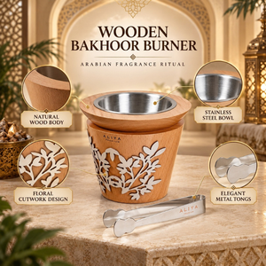 Brûleur à Bakhoor en bois naturel et acier inoxydable |   Porte-encens Oud Arabe Mabkhara à motif floral ajouré pour Ramadan, Aïd, Majlis et usage domestique - Product Image 5