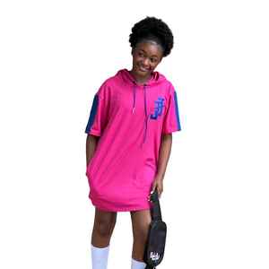 ชุดเดรสฮู้ดดี้แจ็คแอนด์จิลสีชมพูพร้อมแขนเสื้อสีน้ำเงิน ชุดเดรสลำลองสำหรับผู้หญิงและวัยรุ่น ชุดเดรสใส่สบายสำหรับสวมใส่ในชีวิตประจำวัน - Product Image 2