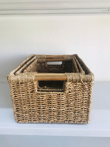 The Set of 3 Seagrass Rectangle <b>Basket</b> with Wooden Handle Multifunction Organizer <b>Basket</b> Handmade - Product Image 1