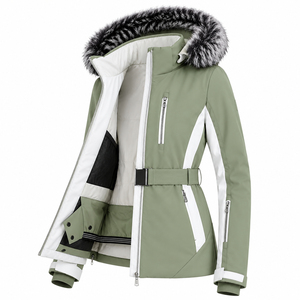 Veste de ski imperméable pour femme 2026, verte avec empiècements blancs, capuche en fausse fourrure, isolation synthétique, fermeture éclair, fabricant direct - Product Image 2