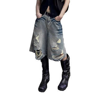 DENIMGUYS Jorts en jean personnalisés pour homme, style vintage, d'été, effet vieilli et usé, avec patchs et appliques, coupe charpentier, streetwear, jambe large, ourlet dégarni - Product Image 5