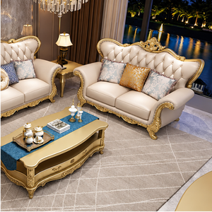 Luxury Modern European Living Room <b>Sofa</b> Set Tufted Cream Upholstered Couch with <b>Gold</b> Carved Wood Frame - Product Image 5