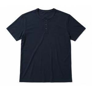 เสื้อยืดเฮนลีย์ผู้ชายสีน้ำเงินกรมท่า แขนปกติ ผ้าฝ้าย 100% ทรงหลวม สีพื้น ผ้าเจอร์ซีย์ถัก คอวี เรียบง่าย - Product Image 1