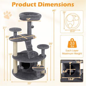 Albero per Gatti di Lusso da 40 Pollici con Base Larga, Scomparto Morbido Imbottito e Ampia Cuccia per Gatti Munchkin e Anziani - Materiale in Tessuto (Grigio) - Product Image 5