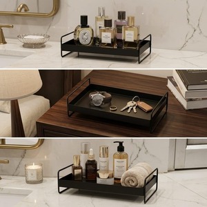 Plateau de toilette en métal avec base miroir, organiseur de cosmétiques, plateau de rangement décoratif pour salle de bain - Product Image 3