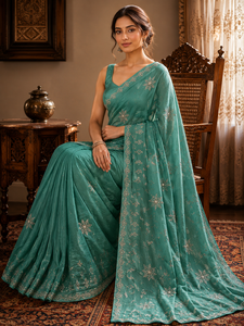 Sari de Seda Georgette Verde Mar para Bodas Tradicionales, con Bordado a Mano y Espejos, de Secado Rápido y Sin Arrugas, para Fiestas - Product Image 4