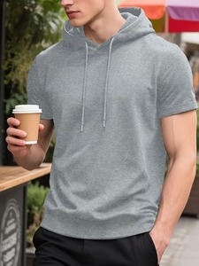 Camiseta de Manga Corta con Capucha para Hombre, Color Gris, Corte Ajustado, Tejido de Algodón, Informal, para Verano, Diseño Transpirable de Color Sólido - Product Image 1