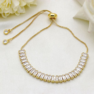 <b>Gold</b> Plated 925 Silver <b>Adjustable</b> Slide Rope <b>Bracelet</b> with Rectangular CZ Tennis Line Elegant Chain for Women Gift Wholesale - Product Image 3