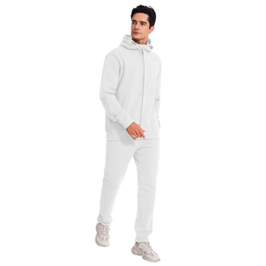 Custom Streetwear Men's White Sporty Hooded Fleece Tracksuit Set Polyester Quick Dry Drawstring Closure Regular Fit Side Pockets - Product Image 2
