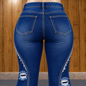 Vaqueros acampanados de mezclilla de pierna ancha para mujer, estilo cómodo con dobladillo acampanado, desgastados y rasgados, de longitud completa, estilo casual con letras. - Product Image 5