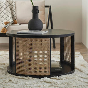 Modern Light Luxury Solid <b>Wood</b> <b>Round</b> <b>Coffee</b> <b>Table</b> With Natural Rattan Side Panels and Open Storage For Living Room Apartment - Product Image 1