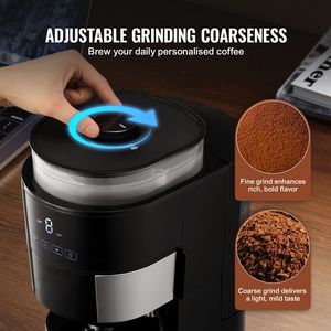 Cafetera Programable de 8 Tazas con Molinillo, Temporizador de 24 Horas, Preparación Automática, Carcasa de Vidrio, Enchufe del Reino Unido, para Hoteles - Product Image 3